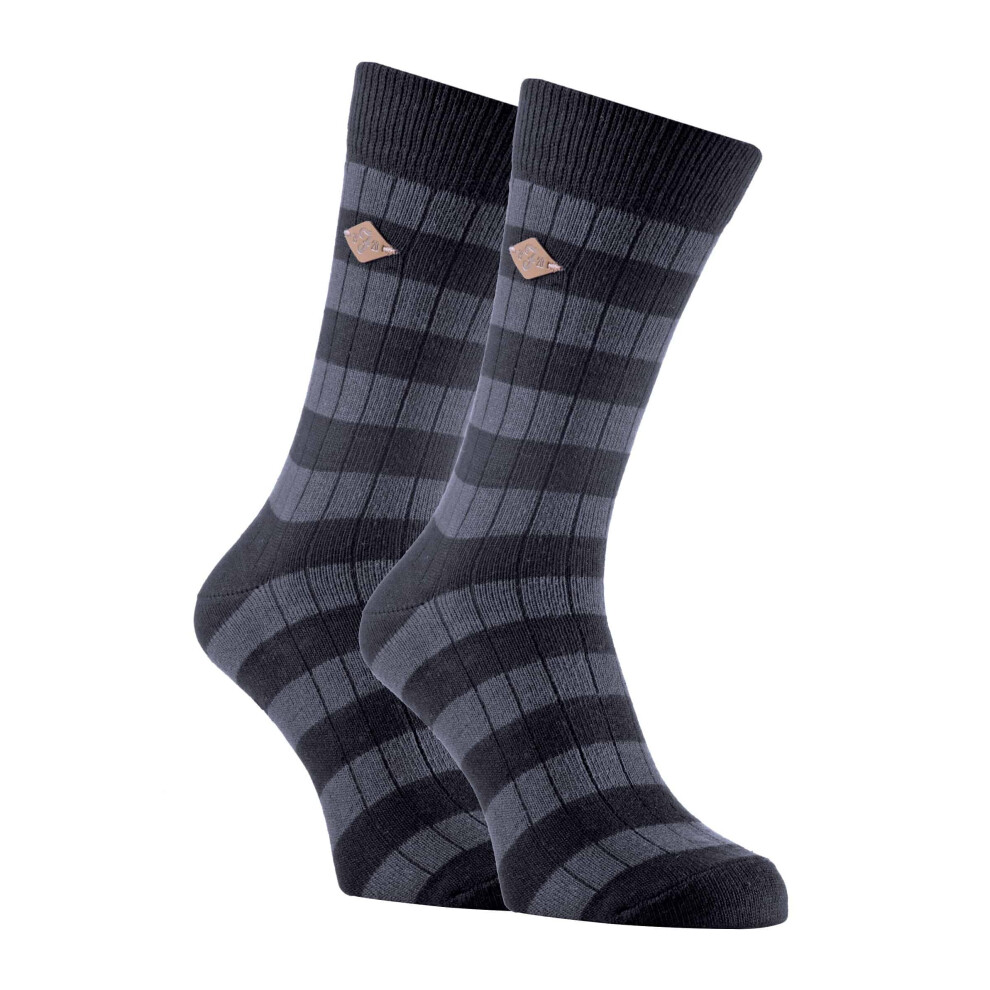 (6-11 UK, Black / Grey) 2 Pairs Mens Cotton Patterned Striped Ribbed Boot Socks Size