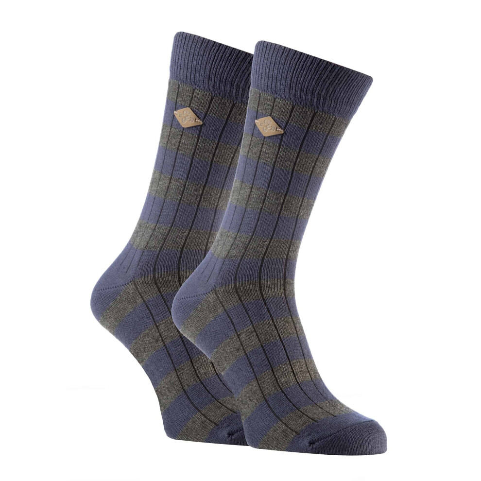 (6-11 UK, Blue / Blue) 2 Pairs Mens Cotton Patterned Striped Ribbed Boot Socks Size