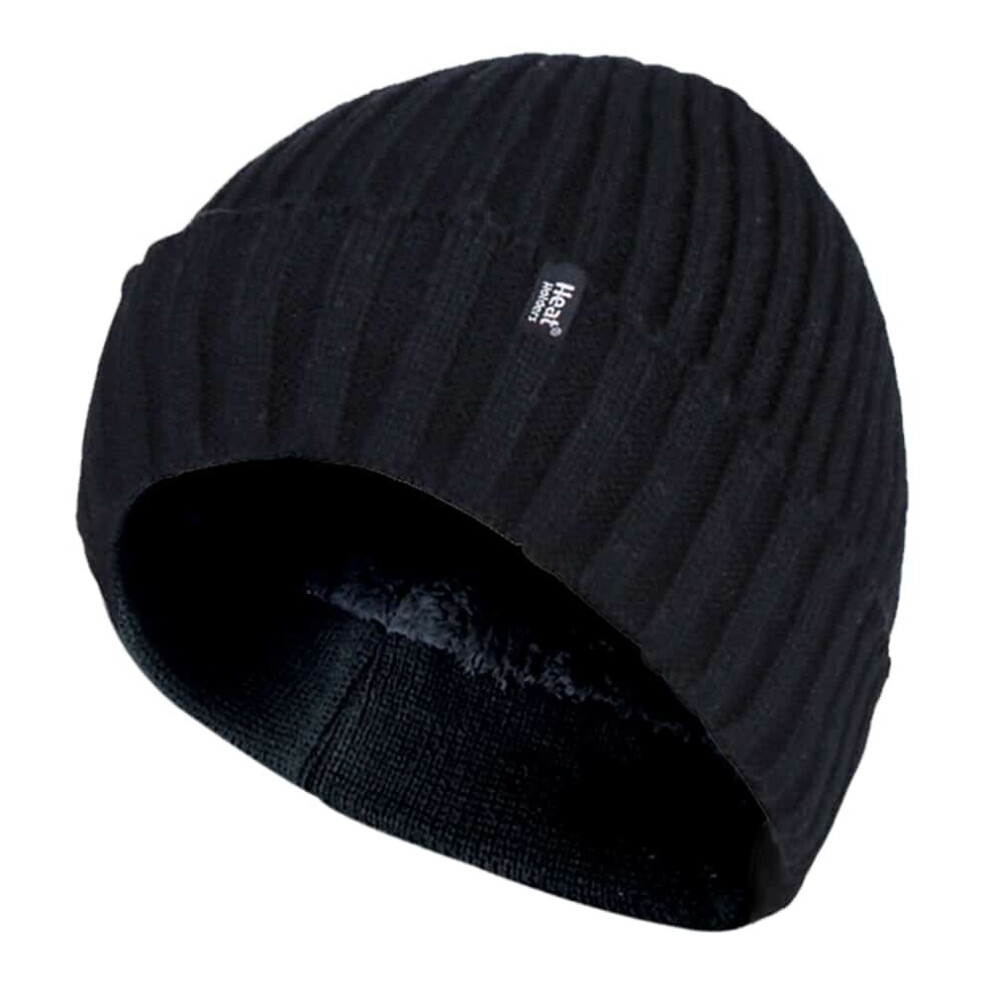 (One Size, Black) Mens 3.6 tog Fleece Lined Thermal Turn Over Cuff Winter Beanie Hat