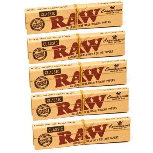 24 Booklets of RAW Connoisseur King Size Slim Rolling Papers + Roach Tips