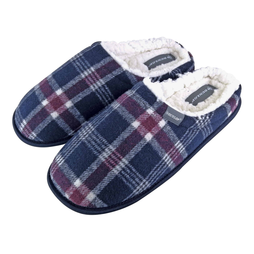 Dunlop (8 Uk, Navy) - Mens Warm Fleece Lined Slip On Checked Plaid Slippers