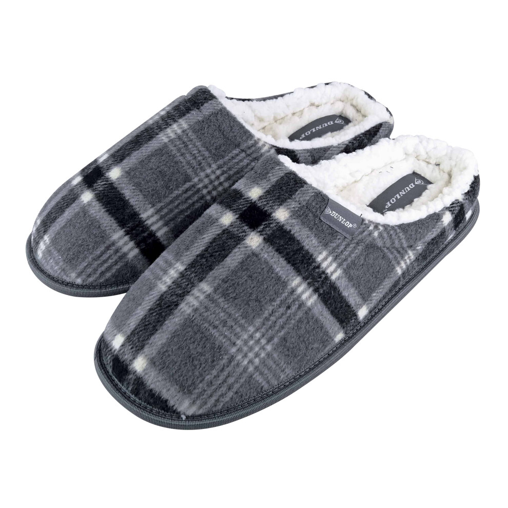 (8 UK, Grey) DUNLOP - Mens Warm Fleece Lined Slip On Checked Plaid Slippers