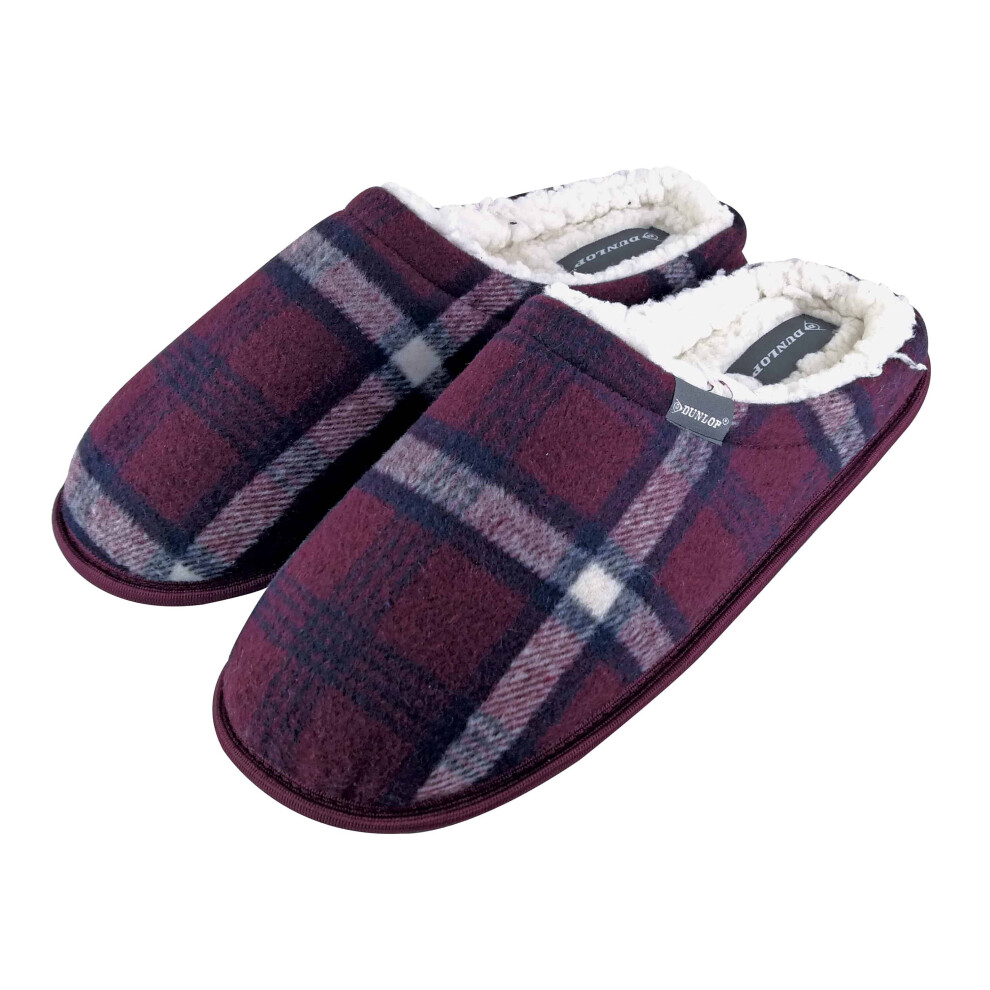 Dunlop (11 Uk, Red) - Mens Warm Fleece Lined Slip On Checked Plaid Slippers