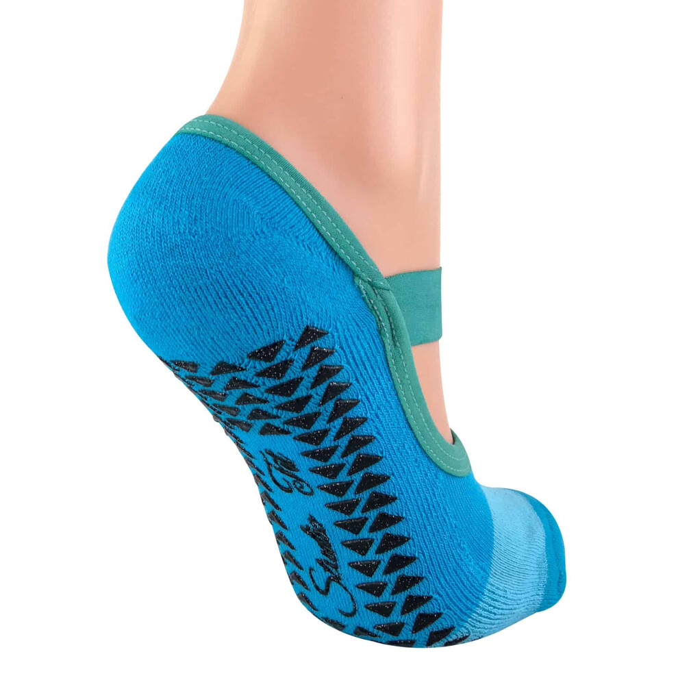 (4-8 UK, Blue) 2 Pairs Ladies Non Slip Grip Invisible Pilates Yoga Socks with Straps