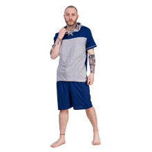 (Navy/Grey, M) Mens Short Pyjama Set 100% Cotton Soft Jersey Hooded Top Loungewear Set