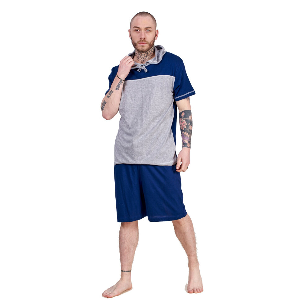 (Navy/Grey, M) Mens Short Pyjama Set 100% Cotton Soft Jersey Hooded Top Loungewear Set