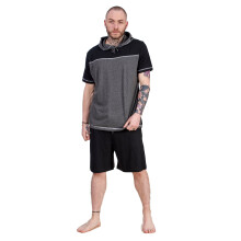 (Black/Grey, M) Mens Short Pyjama Set 100% Cotton Soft Jersey Hooded Top Loungewear Set