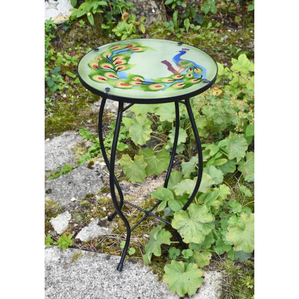 (Peacock) GEEZY Iron/Glass Round Side Coffee Patio Table Mosaic Design Garden Flower Plant Stand