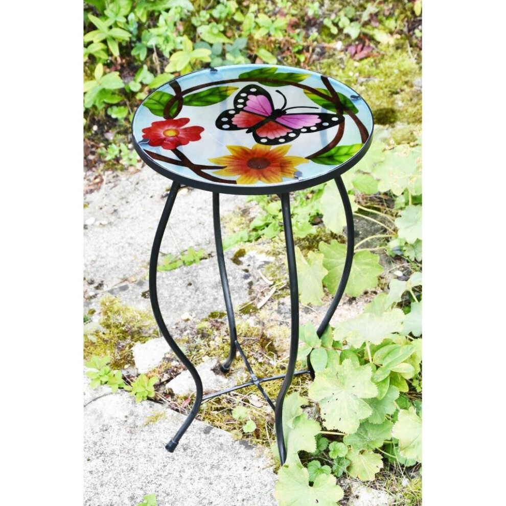 (Small Butterfly) GEEZY Iron/Glass Round Side Coffee Patio Table Mosaic Design Garden Flower Plant Stand