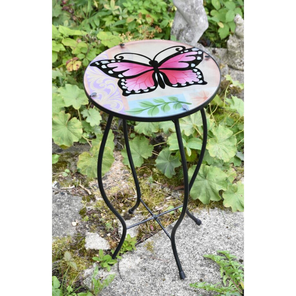 (Large Butterfly) GEEZY Iron/Glass Round Side Coffee Patio Table Mosaic Design Garden Flower Plant Stand