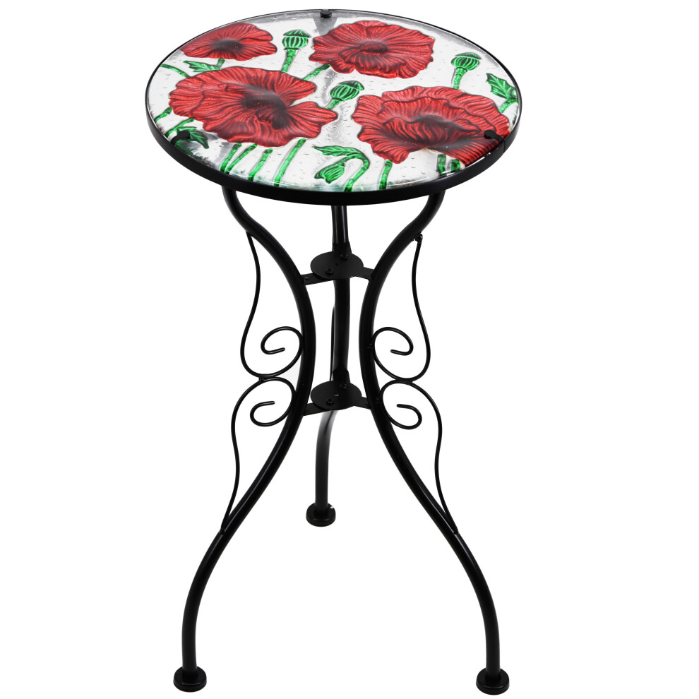 (Poppies) GEEZY Iron/Glass Round Side Coffee Patio Table Mosaic Design Garden Flower Plant Stand