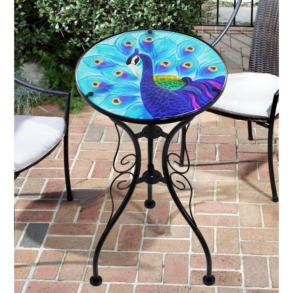 (Blue Peacock) GEEZY Iron/Glass Round Side Coffee Patio Table Mosaic Design Garden Flower Plant Stand