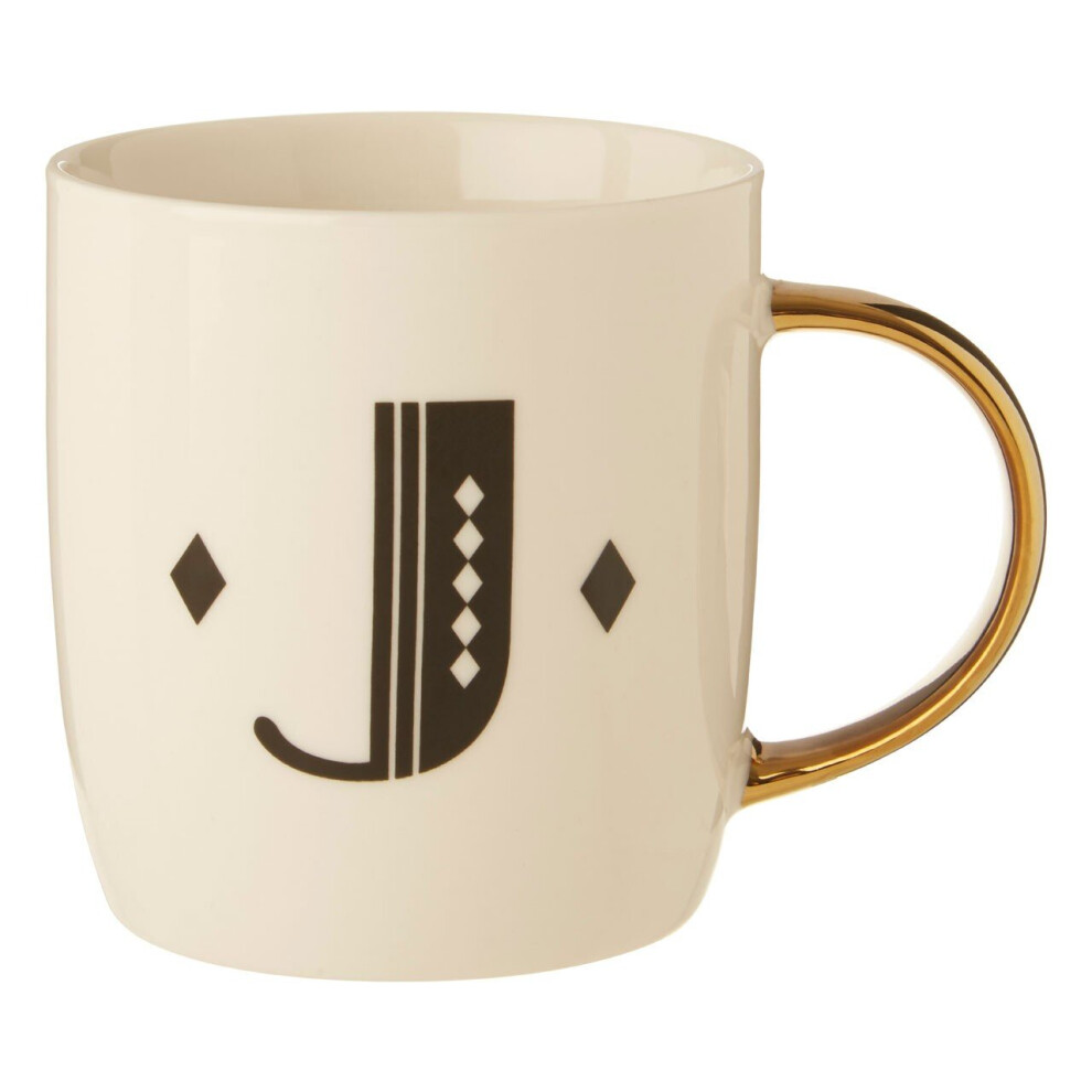 Diamond Deco J Letter Monogram Mug,Reusable Coffee Cup,White Glazed Travel Mug,Gold Finish Personalized Cup