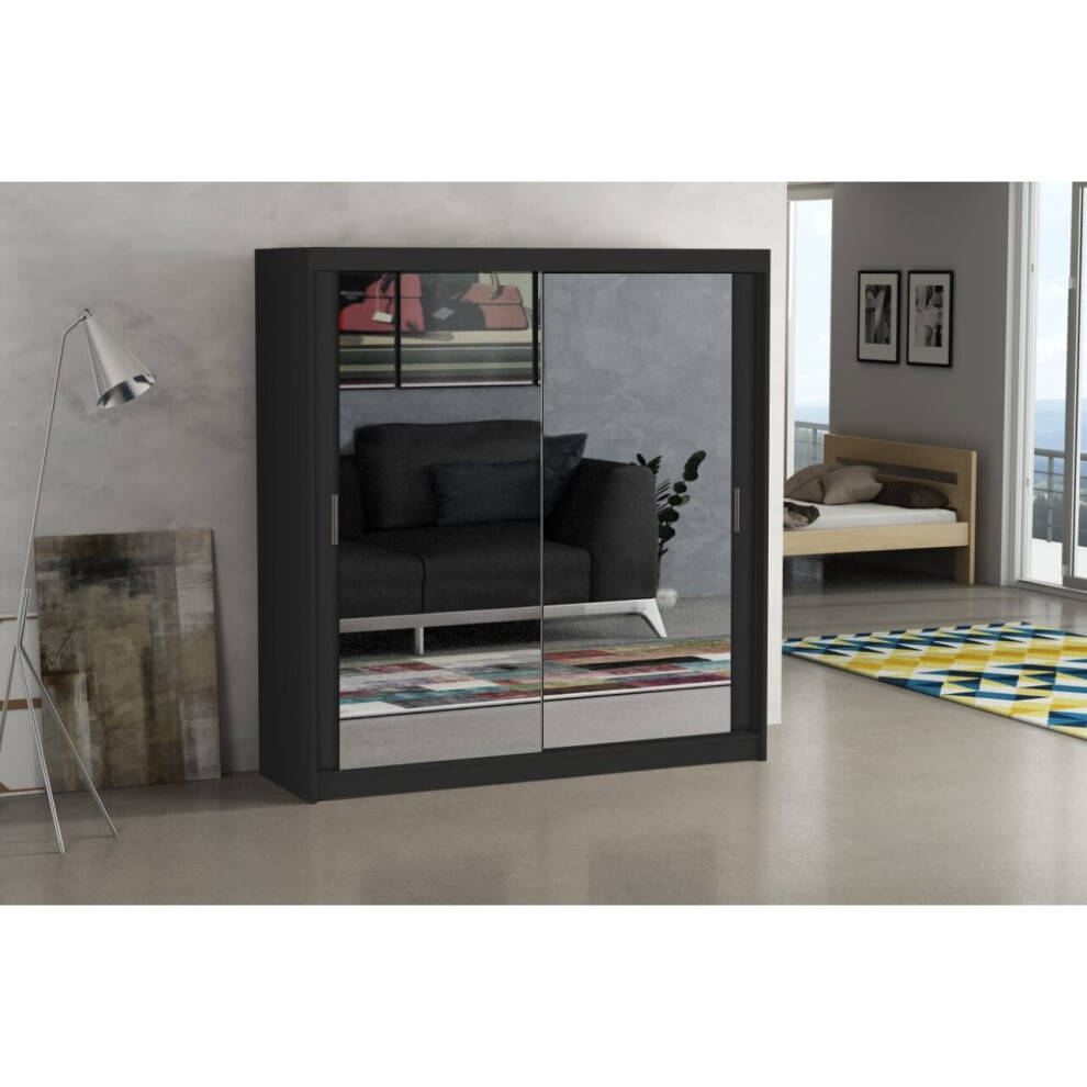 (Black, 150cm) MN Furniture Hamburg Mirrored Double Sliding Door Wardrobe