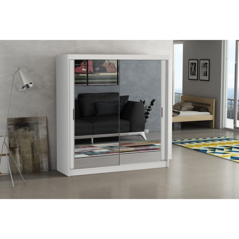 (White, 120cm) MN Furniture Hamburg Mirrored Double Sliding Door Wardrobe