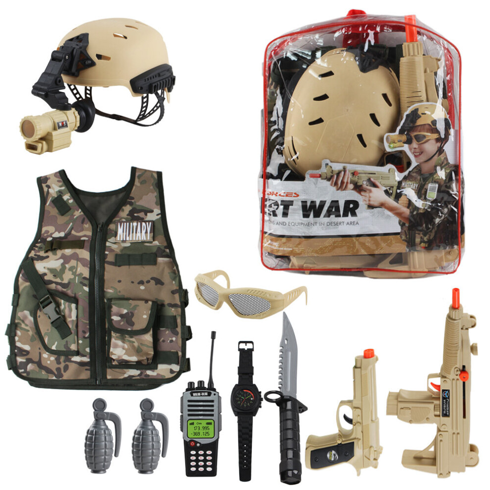 deAO Military Soldier Camouflage Desert War Costume Set with Helmet, Toy Shotgun, Toy Grenades, Military Soldier Accessories and Storage Backpack