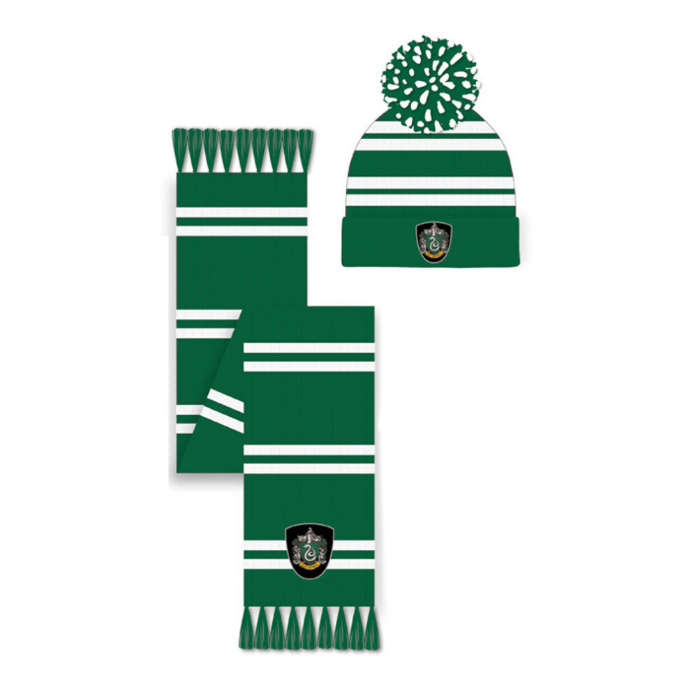 Harry Potter Slytherin Crest Pom Pom Beanie & Scarf Set White