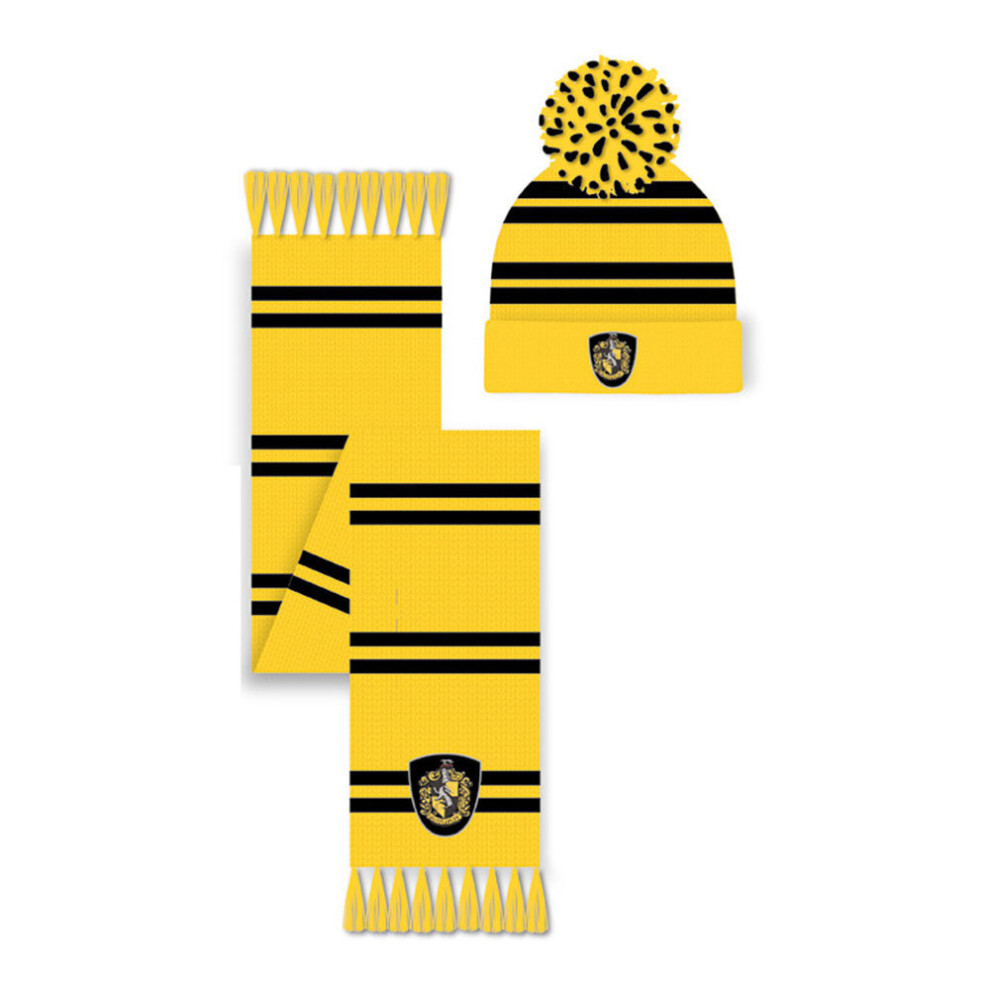 Harry Potter Hufflepuff Crest Pom Pom Beanie & Scarf Set Black