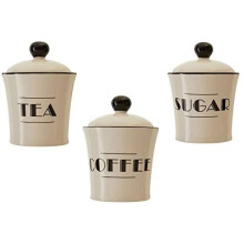 Luxe Cream Finish Tea Canister,Dolomite Kitchen Storage Container With Black Trim,Art Deco Tea Canisters