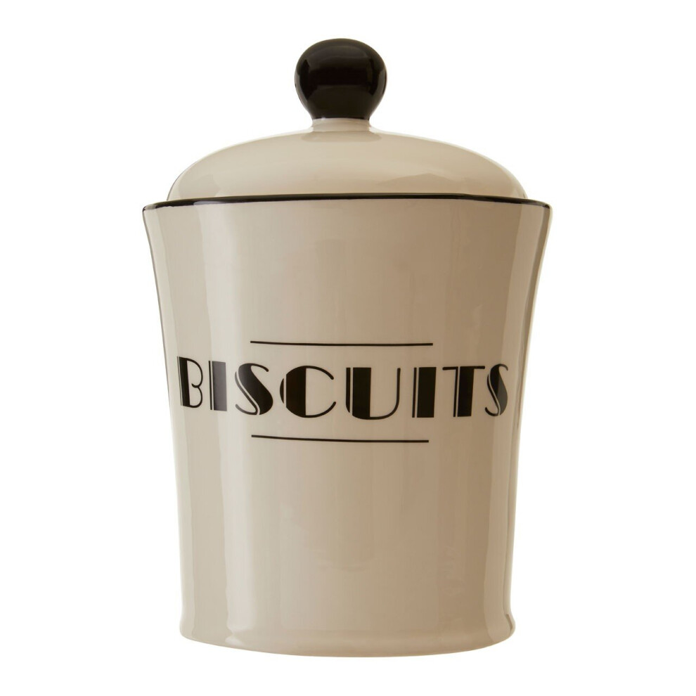 Premier Housewares Dolomite Biscuits Jar With Art Deco Detail, Ceramic Biscuit Barrel,Storage Canister For Cookies Cream/Black