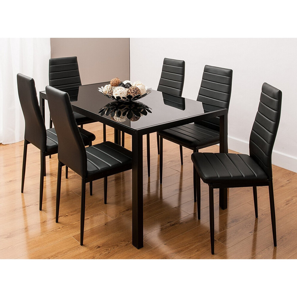 STUNNING GLASS BLACK DINING TABLE SET AND 6 BLACK FAUX LEATHER CHAIRS
