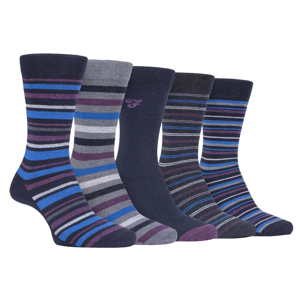 (6-11 UK, Navy Purple (Striped)) FARAH - 5 Pack Mens Classic Patterned Office Cotton Dress Socks