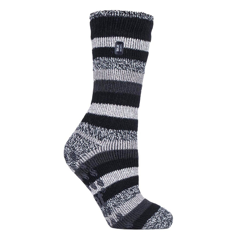 Heat Holders ( Stripe (Juniper)) - Ladies Non Skid Thermal Slipper Socks With Grips Black