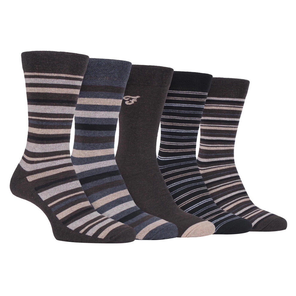 (6-11 UK, Brown Grey (Striped)) FARAH - 5 Pack Mens Classic Patterned Office Cotton Dress Socks