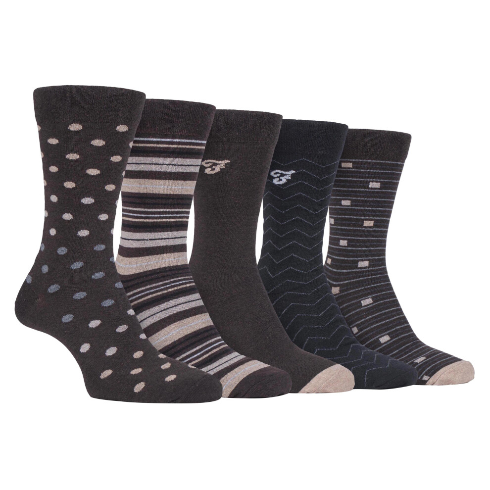 (6-11 UK, Brown Grey (Polka Dots)) FARAH - 5 Pack Mens Classic Patterned Office Cotton Dress Socks