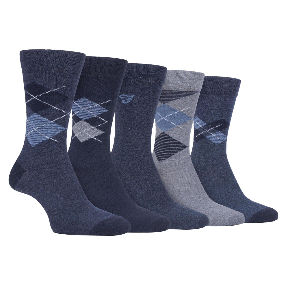 (6-11 UK, Denim Blue (Argyle)) FARAH - 5 Pack Mens Classic Patterned Office Cotton Dress Socks