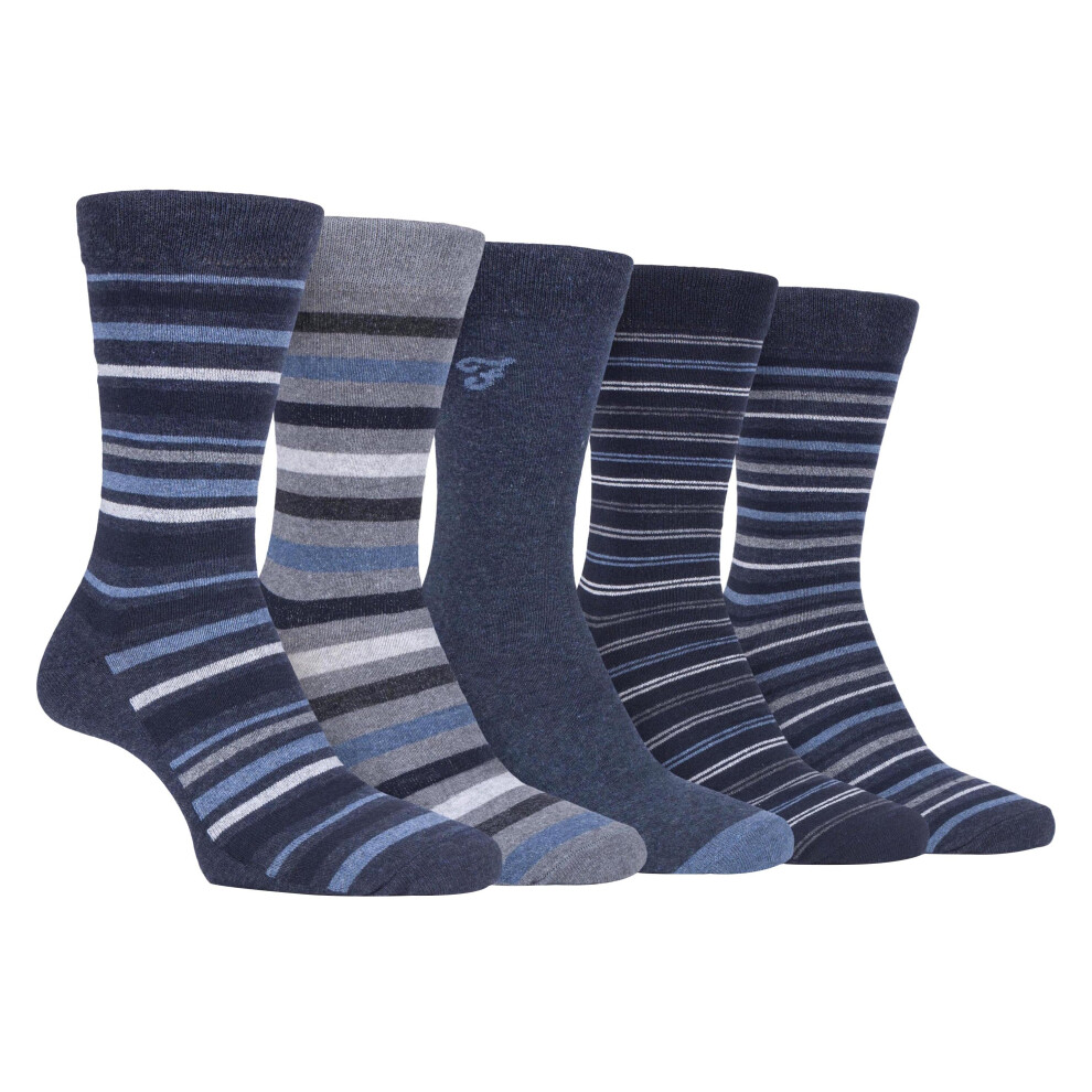 (6-11 UK, Denim Blue (Striped)) FARAH - 5 Pack Mens Classic Patterned Office Cotton Dress Socks