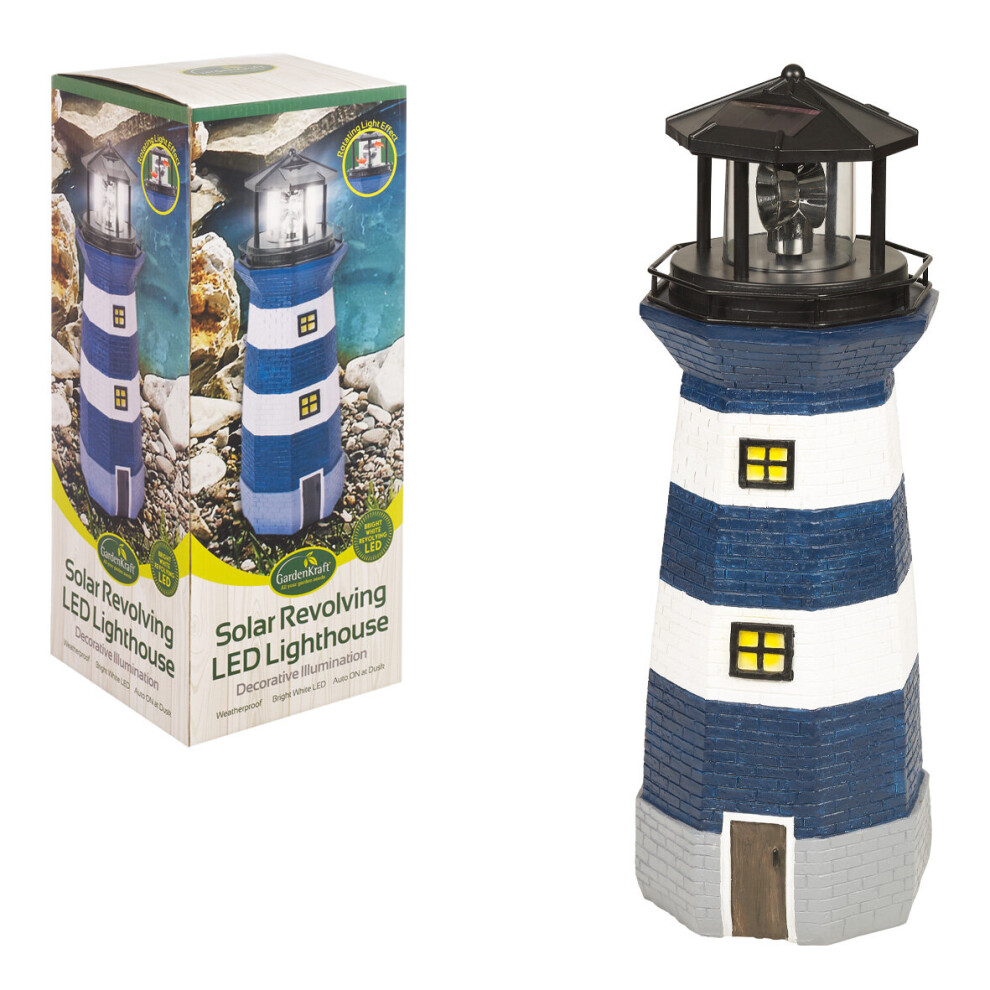 GardenKraft 11280 Solar Revolving LED Lighthouse / Blue & White, 40cm