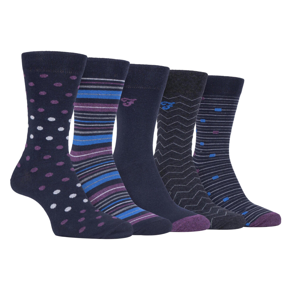 (6-11 UK, Navy Purple (Polka Dots)) FARAH - 5 Pack Mens Classic Patterned Office Cotton Dress Socks