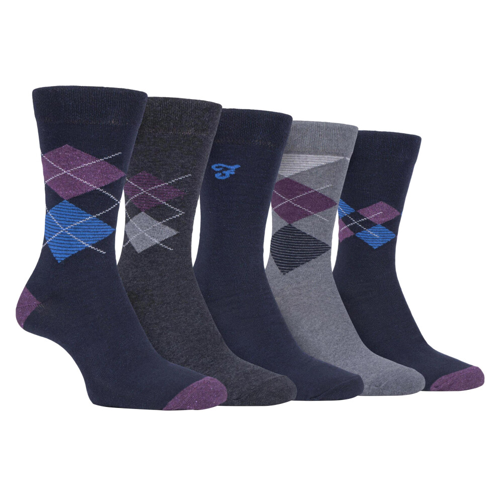 (6-11 UK, Navy Purple (Argyle)) FARAH - 5 Pack Mens Classic Patterned Office Cotton Dress Socks