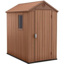 Keter Darwin 4x6 Garden Storage Shed - Wood-Look, Plastic, Weatherproof, 1-2 Hour Assembly, Side-Hinged Doors, Window, Ventilation, Lockable