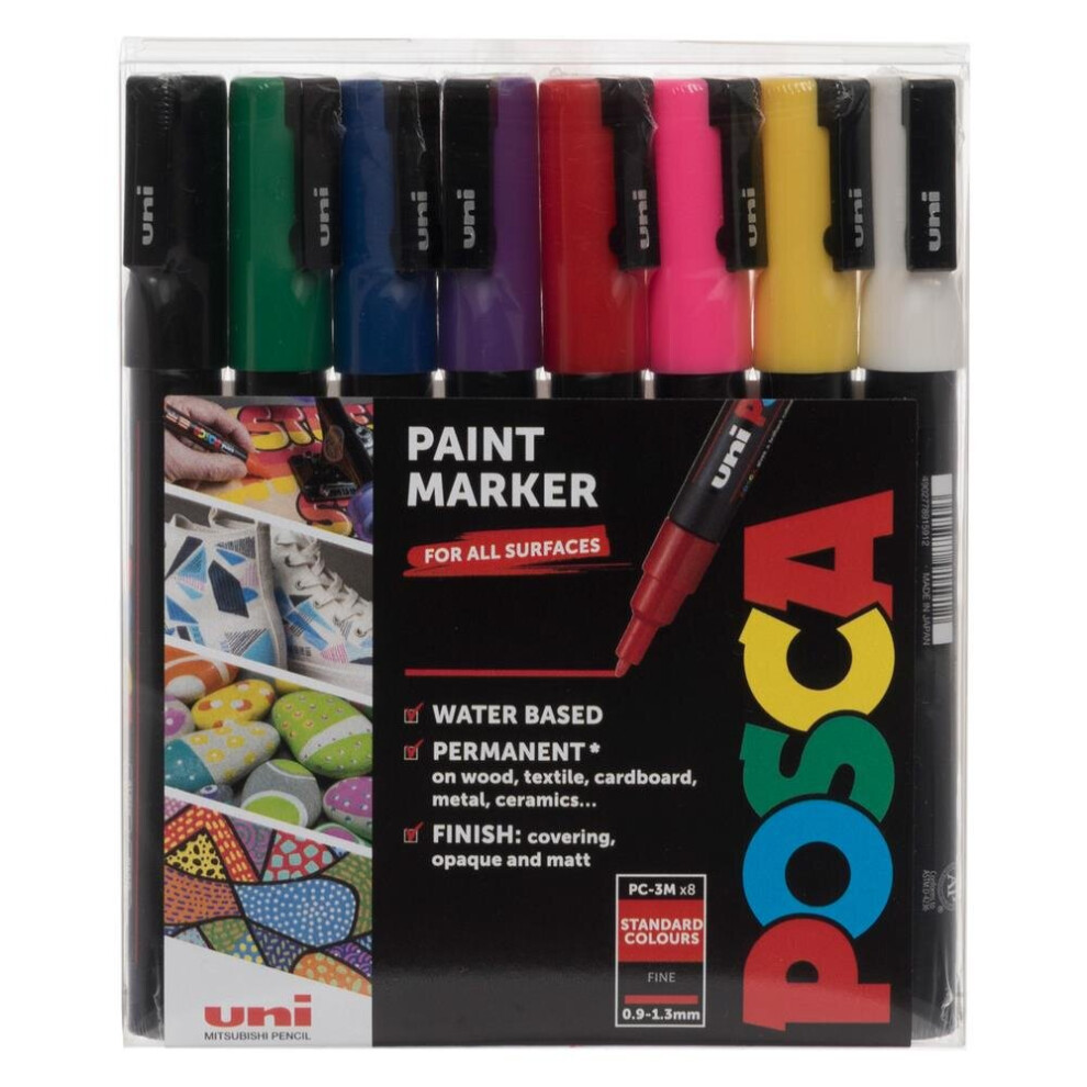 Uni Posca PC-3M Standard Paint Pen Starter Pack Marker Pen 8 Colours (Pack of 8)