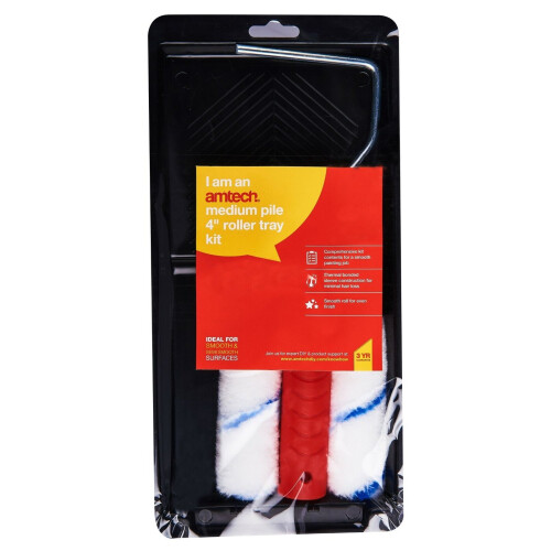 4" 100mm Paint Roller Kit Tray Frame 2 Medium Pile Sleeves (Amtech)