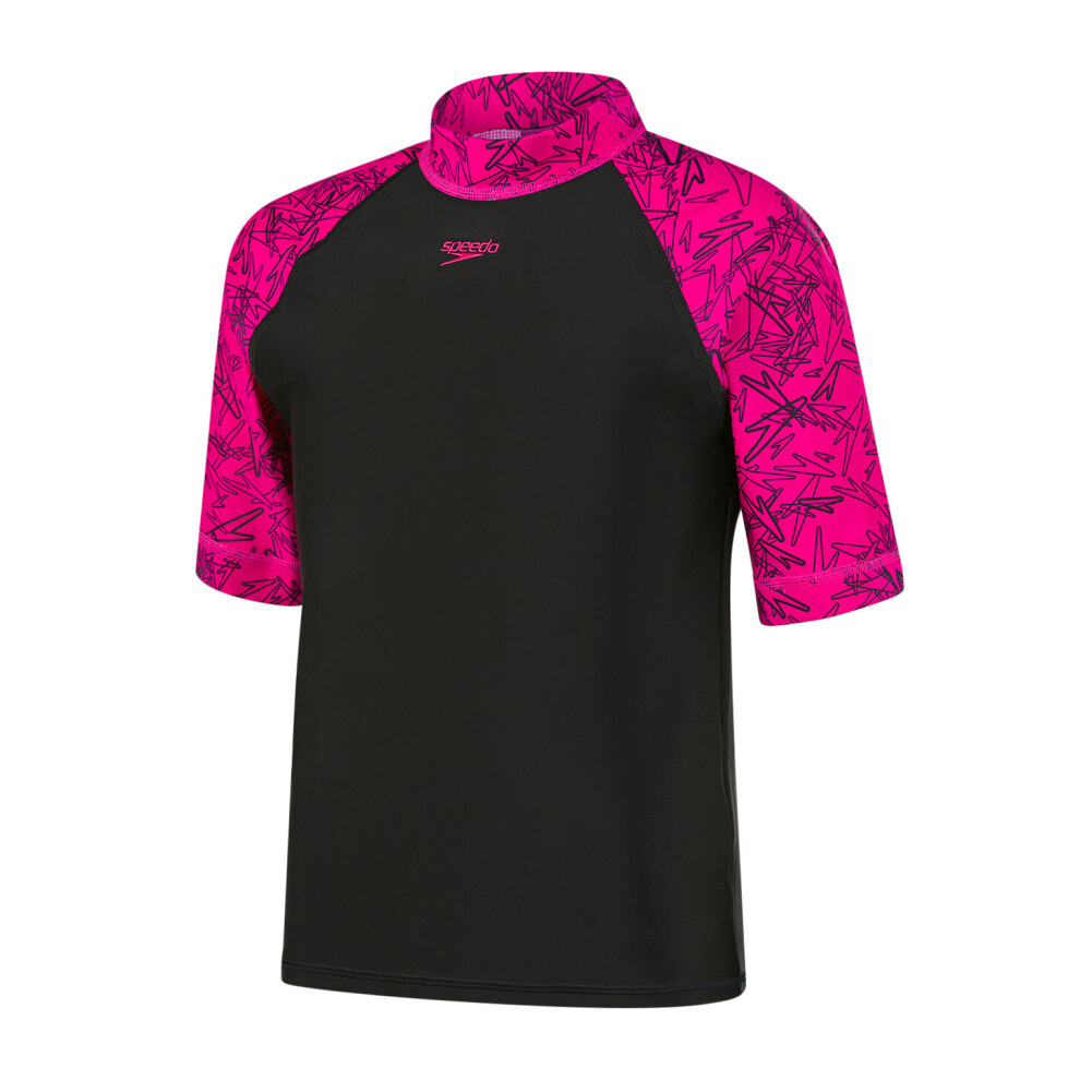 (26" (8 yrs), Black/Pink) Speedo Boom Short Sleeve Girls Rash Top Black/Pink