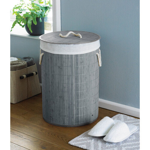 Country Club Round Bamboo Laundry Basket - Grey (LAU192159) with Removable Liner, Handles, Foldable for Easy Storage