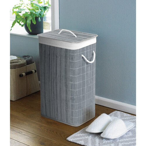 Country Club Rectangular Bamboo Laundry Basket - Grey, Removable Polyester Liner, Handles, Collapsible, LAU192210