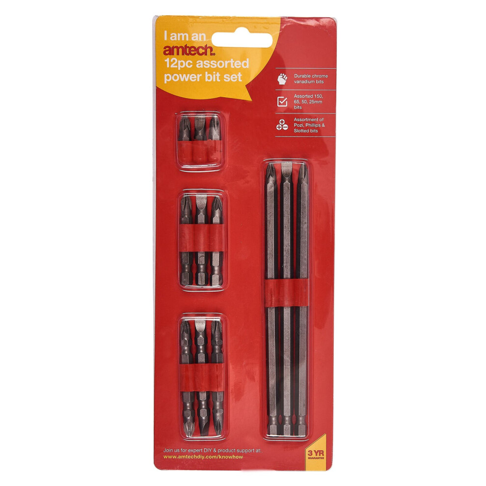 12 Piece Assorted Power Bit Set Kit Phillips Pozi Slotted Screwdriver (Amtech) 5032759004195
