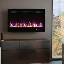PREMIUM PRODUCT 36inch Black Wall Mounted Electric Fire with 3 colour Flames and can be inserted (Pebbles, Logs and Crystals)