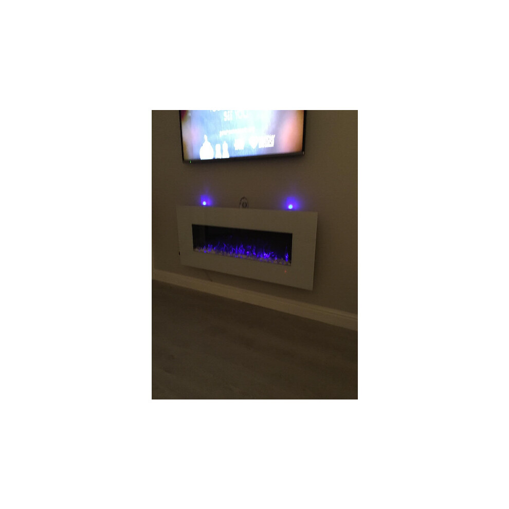 PREMIUM PRODUCT 50inch White Wall Mounted Electric Fire with 10 colour Flames and side LEDs (Pebbles, Logs and Crystals)