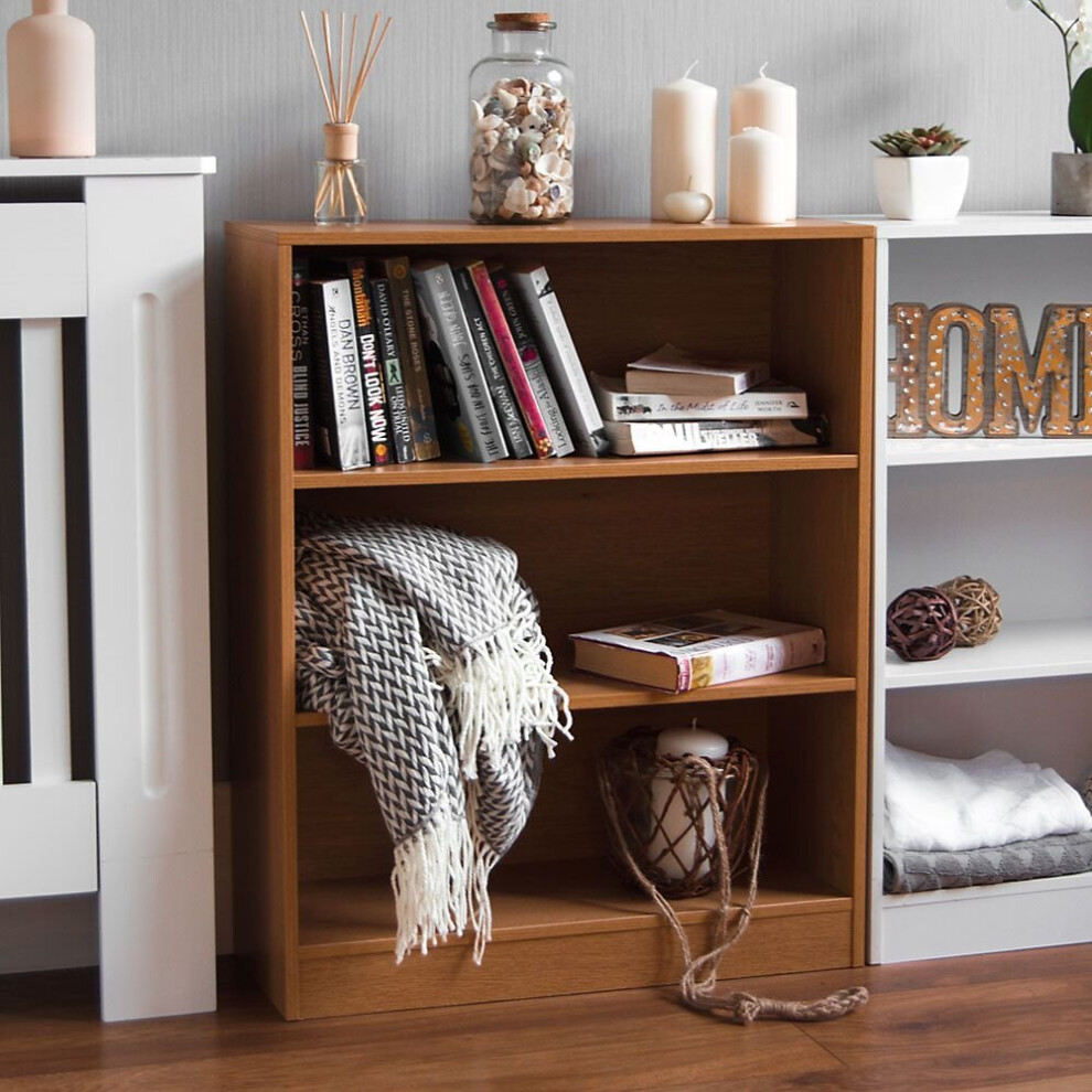 (Oak) Cambridge 3 Tier Low Bookcase Wide Shelf Storage