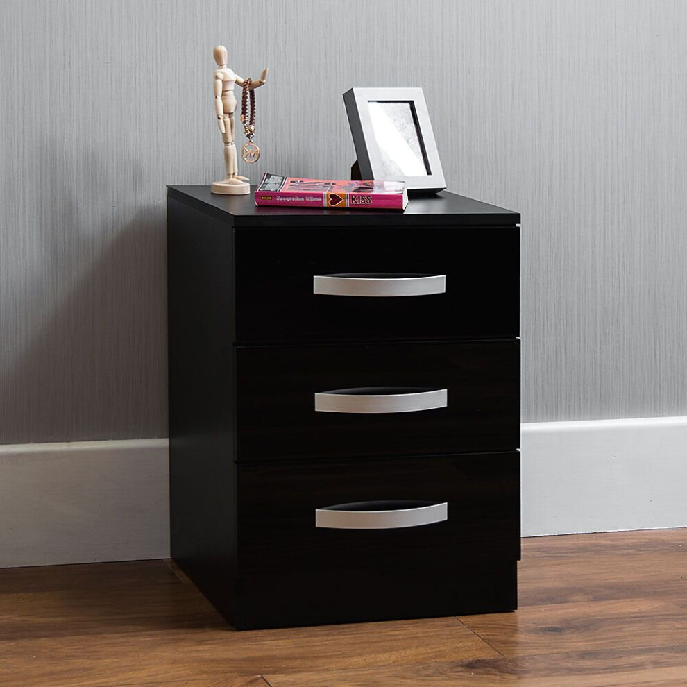 (Black) Hulio 3 Drawer Bedside Table Cabinet Nightstand