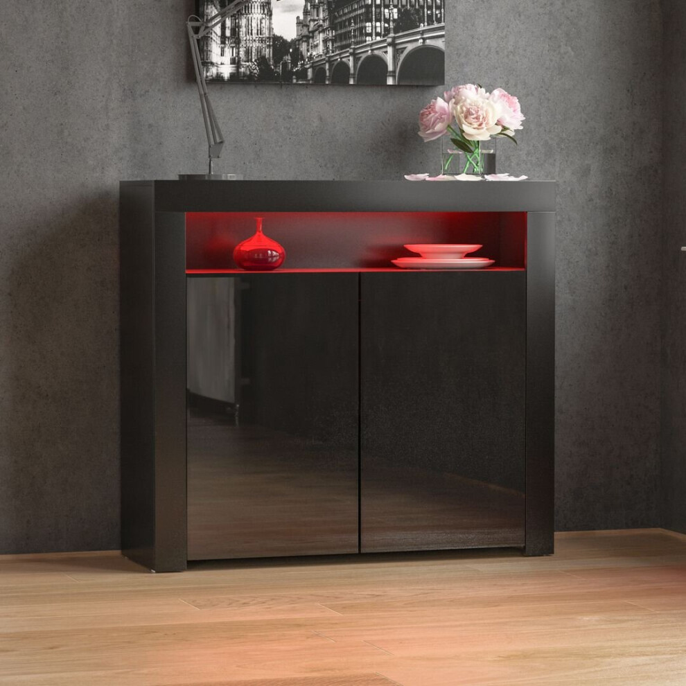 (Black) Nova 2 Door LED Sideboard Wide Shelf Gloss Cabinet