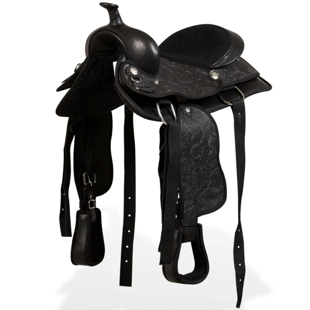 vidaXL Western Saddle Headstall&Breast Collar Real Leather 13" Black Horse Pad