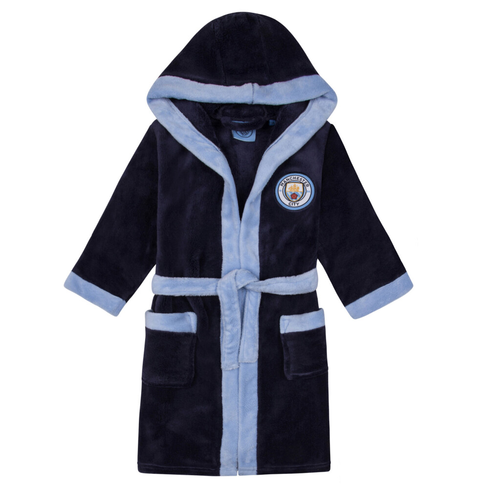 (Navy Blue, 13-14 Years) Manchester City FC Official Football Gift Boys Hooded Fleece Dressing Gown Robe