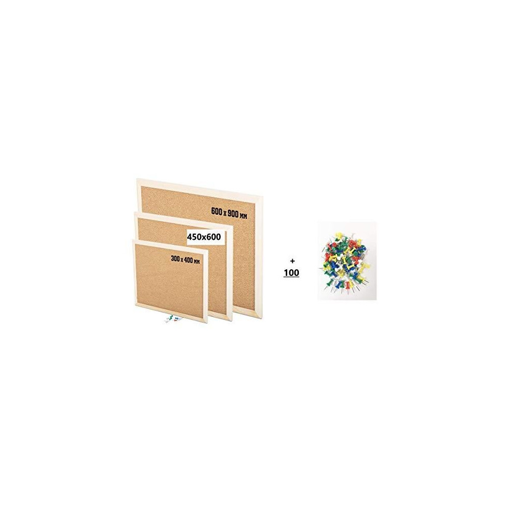 KAV Wooden Frame Cork Notice Boards | Office Memo School with 100 Push Pins Classic Wood Frame Board (Choose size from Drop Down) (600MM x 900MM (60CM