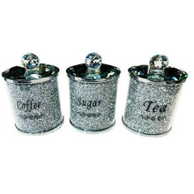 Diamond Crushed Tea Coffee Sugar Canisters Jars Kitchen Storage Silver Trimmings Crystal Filled Black Writing